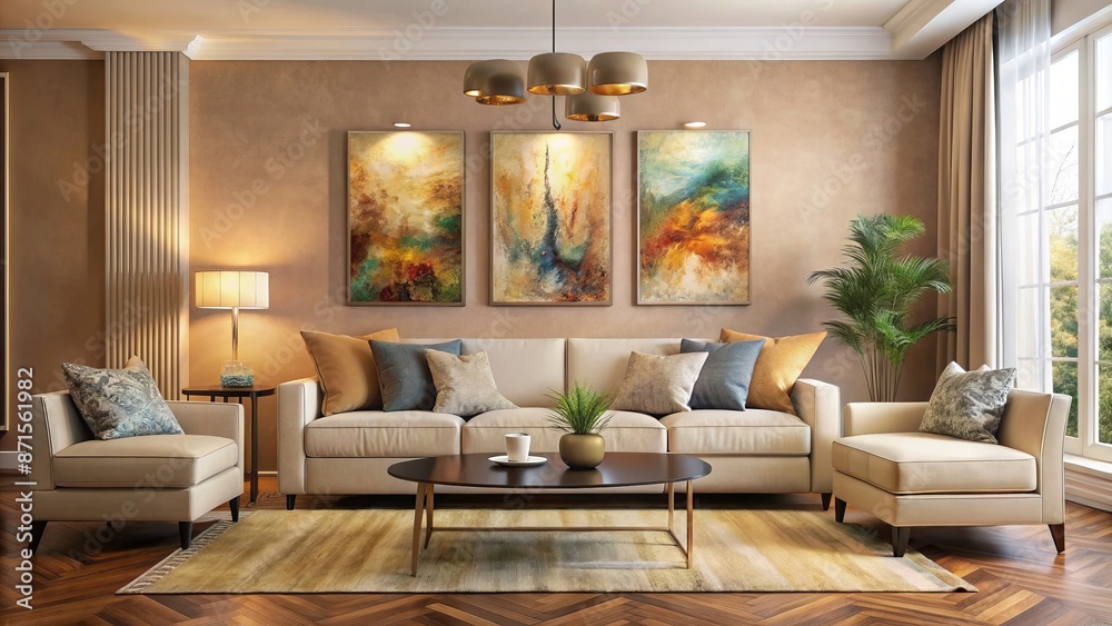 Fototapeta premium Spacious living room with plush four-seater sofa in neutral tones against warm beige wall adorned with vibrant abstract artwork.