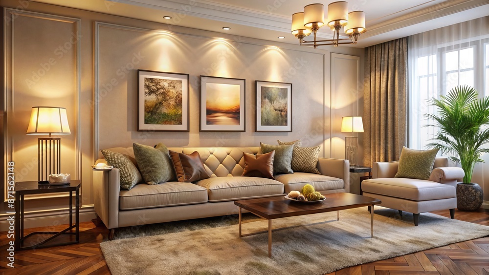 Fototapeta premium Cozy living room with a plush four-seater sofa against a warm beige wall adorned with elegant artwork and soft lighting.