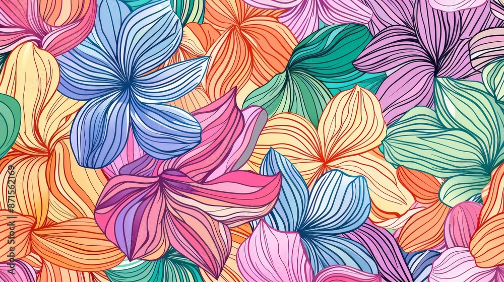 This image features a vibrant and colorful illustration of various overlapping flowers with detailed line work This image features a vibrant and colorful illustration of various overlapping flowers with detailed line work
