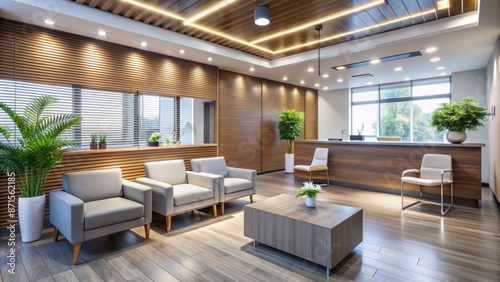 Modern dental clinic's stylish waiting room with comfortable chairs and sleek reception desk awaits patients amid calming atmosphere.