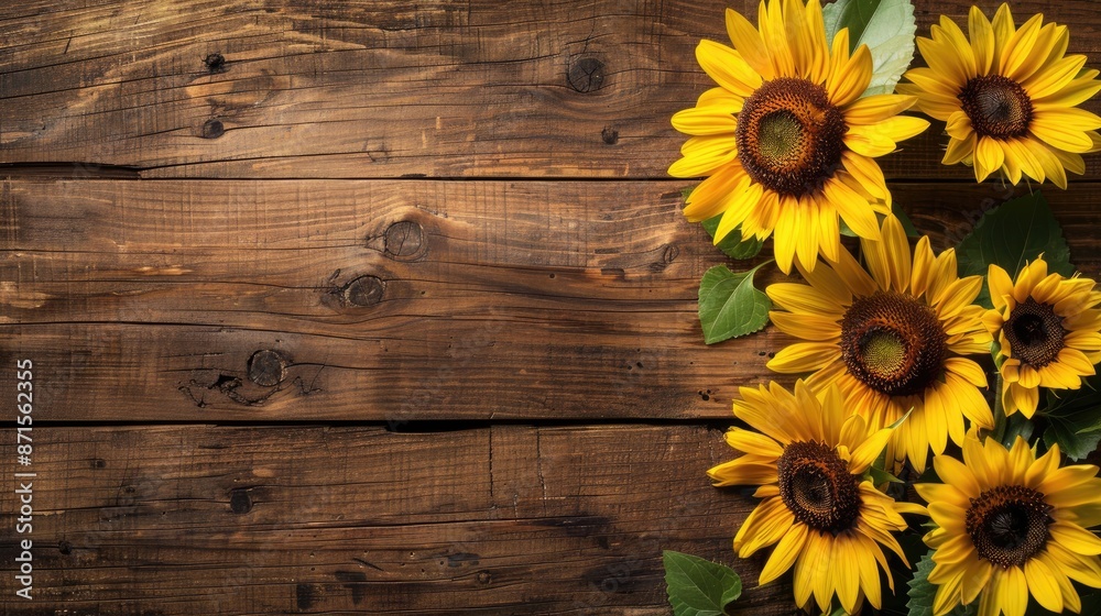 Obraz premium Sunflowers on wooden background with space for text