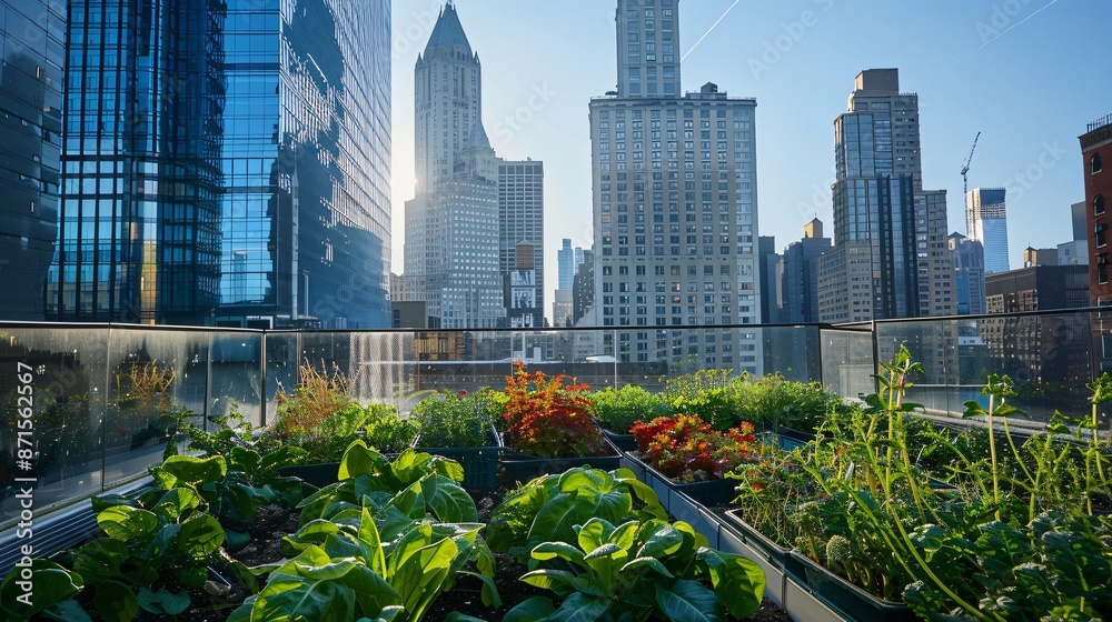 Fototapeta premium Close up shot of the plants in a rooftop garden, with skyscrapers rising in the background
