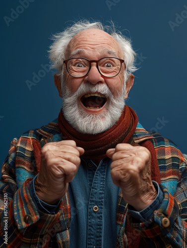 A senior man showing excitement against a deep blue background, ample copy space photo