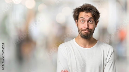 Portrait of a Perplexed Young Man with Furrowed Brow and Open Mouth, Copy Space Available on Blurred Background