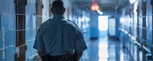 Stern correctional officer standing guard in a dimly lit prison hallway.