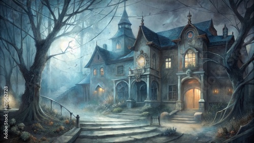 Spooky abandoned mansion backdrop with eerie dim lighting, cobwebs, and eerie props, perfect for a haunting Halloween atmosphere. © DigitalArt Max