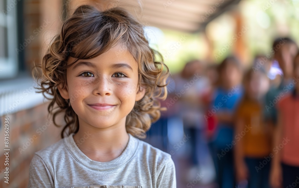 A young boy with curly hair smiles at the camera, standing in a line with other children. A young boy with curly hair smiles at the camera, standing in a line with other children.