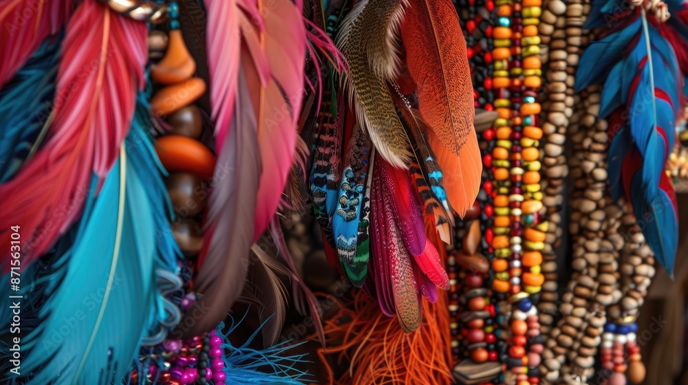 Fototapeta premium Colorful handcrafted array of headpieces using dyed feathers beads and braided strings Ample space for focus