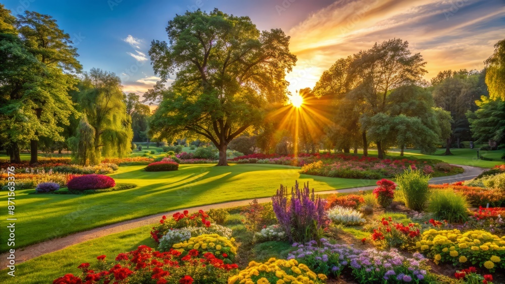 Fototapeta premium Warm golden light of sunset illuminates lush green trees and vibrant flowers in a serene and peaceful summer park landscape.