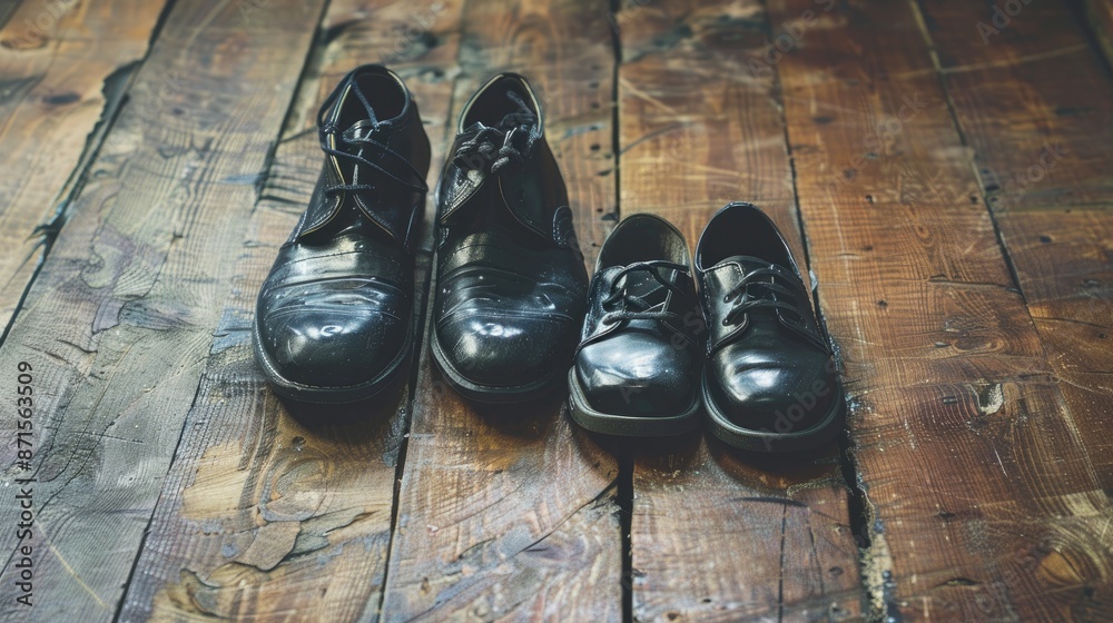 Still life with adult and kid black shoes on wooden floor Still life with adult and kid black shoes on wooden floor