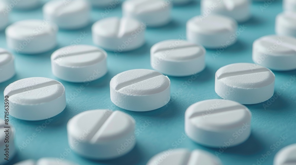 White pills displayed on a blue surface for healthcare promotion White pills displayed on a blue surface for healthcare promotion