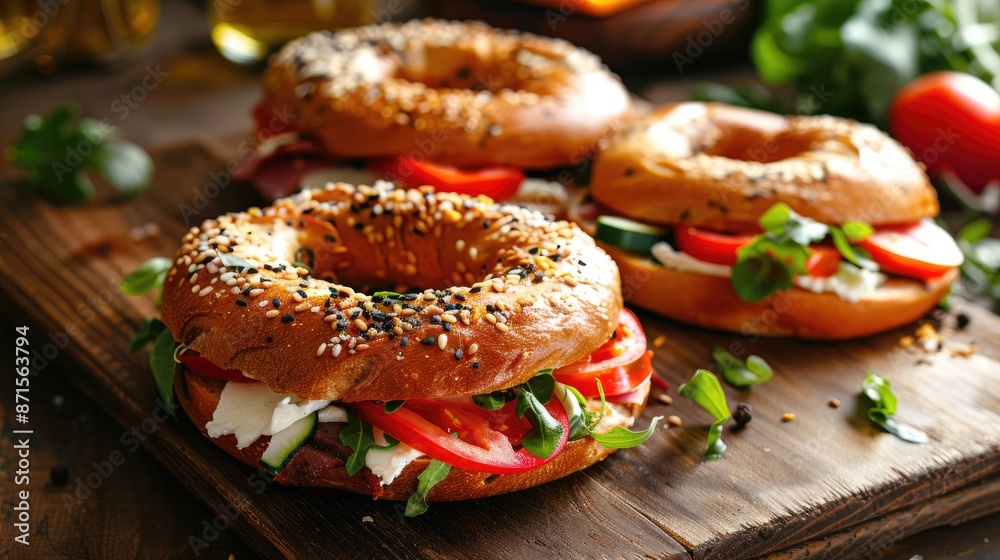 Vegetable bagel sandwich with mozzarella on wooden table Vegetable bagel sandwich with mozzarella on wooden table
