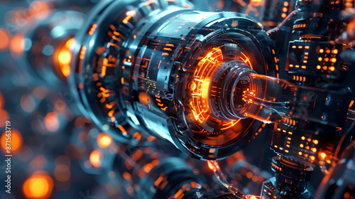 Depict the innovative spirit of modern technology with a macro lens at dawn, capturing the intricate details and sleek design in a high-definition, futuristic style. Generative AI