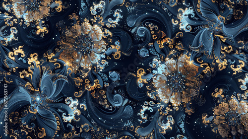 Design a mesmerizing pattern with a macro lens at twilight, featuring intricate details and harmonious color combinations in a seamless and symmetrical style. Generative AI