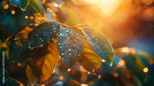 Showcase the serene beauty of nature with a macro lens at sunrise, capturing the intricate details of dewdrops on leaves in a calm and ethereal style. Generative AI
