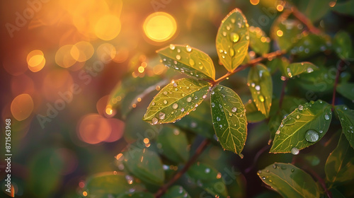 Showcase the serene beauty of nature with a macro lens at sunrise, capturing the intricate details of dewdrops on leaves in a calm and ethereal style. Generative AI