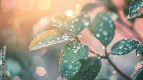 Showcase the serene beauty of nature with a macro lens at sunrise, capturing the intricate details of dewdrops on leaves in a calm and ethereal style. Generative AI