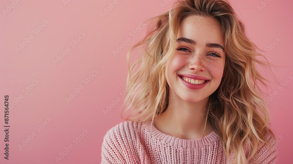 A teenage girl expressing pride with a muted pink background, ample copy space A teenage girl expressing pride with a muted pink background, ample copy space