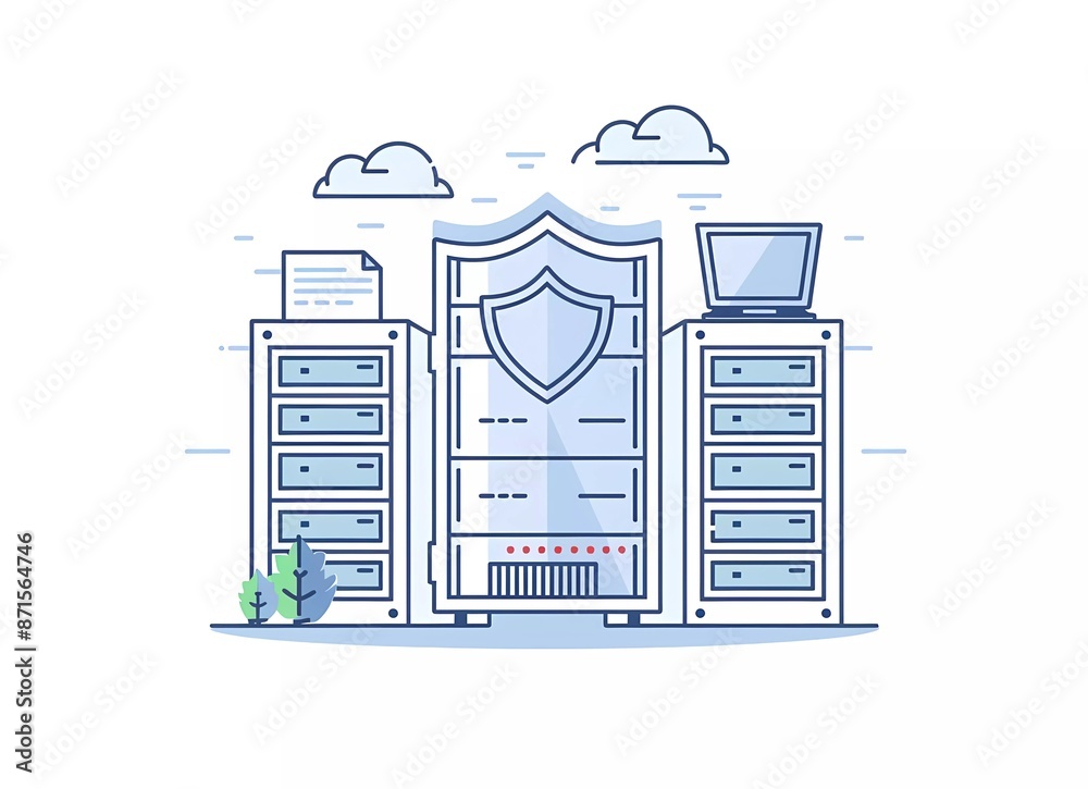 Flat vector illustration of a server rack, shield and gear with a laptop in a white background for web design or app banner. Flat vector illustration of a server rack, shield and gear with a laptop in a white background for web design or app banner.