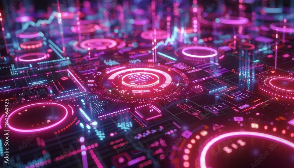 Holographic financial market, neon circuit patterns, digital trading hub, advanced tech visuals Holographic financial market, neon circuit patterns, digital trading hub, advanced tech visuals