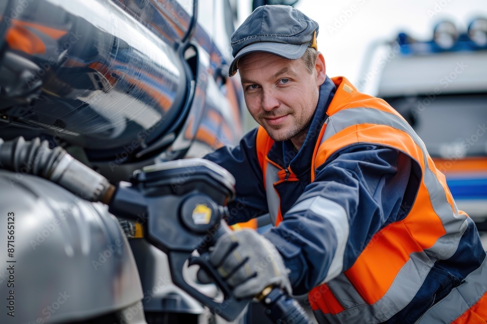Truck driver fueling the truck, holding a fuel pump, wearing a work uniform and gloves, standing at the fuel tank, Portrait half-body, hyper-realistic, high detail, photorealistic, white background, Truck driver fueling the truck, holding a fuel pump, wearing a work uniform and gloves, standing at the fuel tank, Portrait half-body, hyper-realistic, high detail, photorealistic, white background,