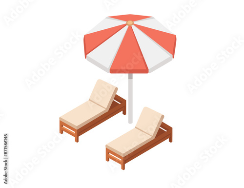 Wooden beach sunbed with soft mattress and with sun umbrella vector illustration