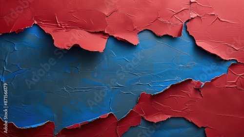 Red and blue ripped cardboard texture with space for text