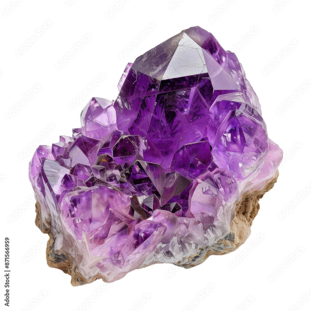 Vibrant Amethyst Crystal on a Light-Marbled Base with a Clear Background Vibrant Amethyst Crystal on a Light-Marbled Base with a Clear Background