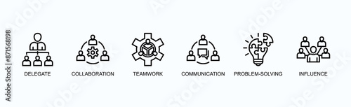 Team Leadership Banner Web Icon Vector Illustration Concept With Delegate, Collaboration, Teamwork, Communication, Problem Solving, Influence