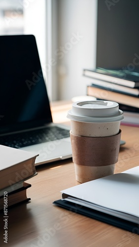 Workspace with Coffee and Books. Professional workspace with a coffee cup, a laptop, and a stack of books.