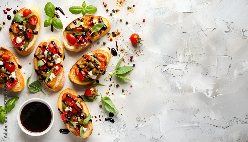 Fototapeta premium Delicious bruschettas with balsamic vinegar and toppings on light textured table, flat lay. Space for text