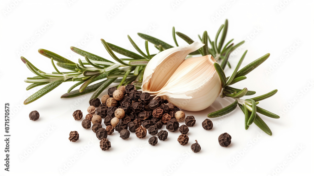 Garlic, pepper and rosemary arranged on a white background, arousing the appetite for aromatic dishes. Distinct details of each ingredient highlight their role in the culinary experience. Garlic, pepper and rosemary arranged on a white background, arousing the appetite for aromatic dishes. Distinct details of each ingredient highlight their role in the culinary experience.