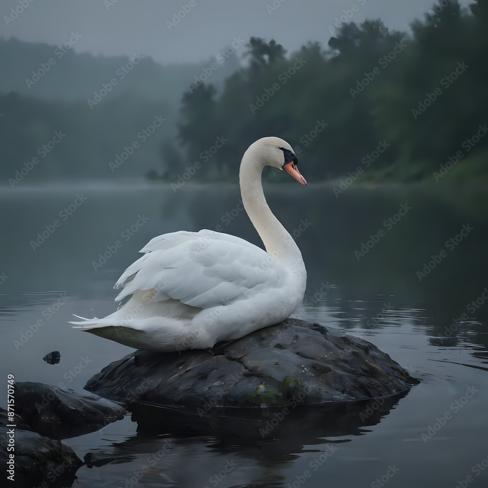 Fototapeta premium a white swan sitting on a rock in the water