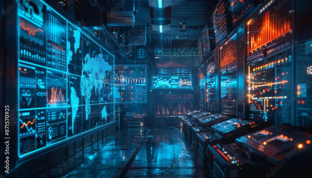 Trader augmented reality graphs neon blue glow high-tech trading floor Trader augmented reality graphs neon blue glow high-tech trading floor