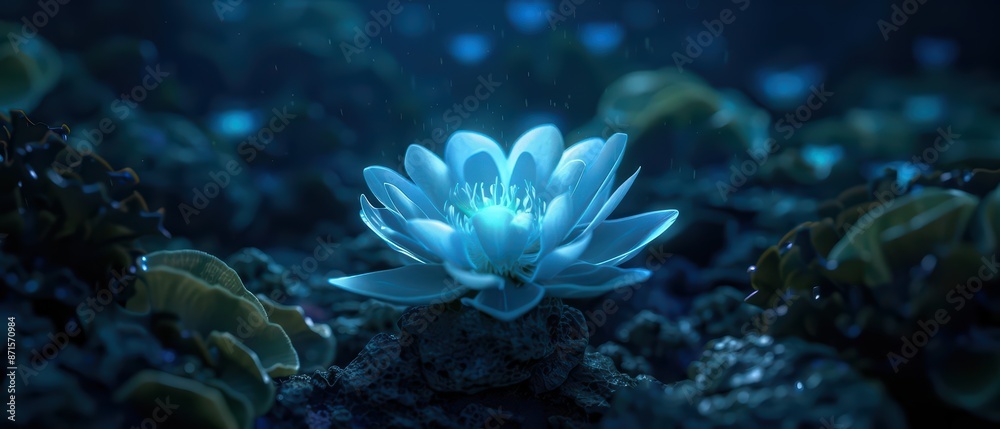 A futuristic underwater garden centered around a single A futuristic underwater garden centered around a single