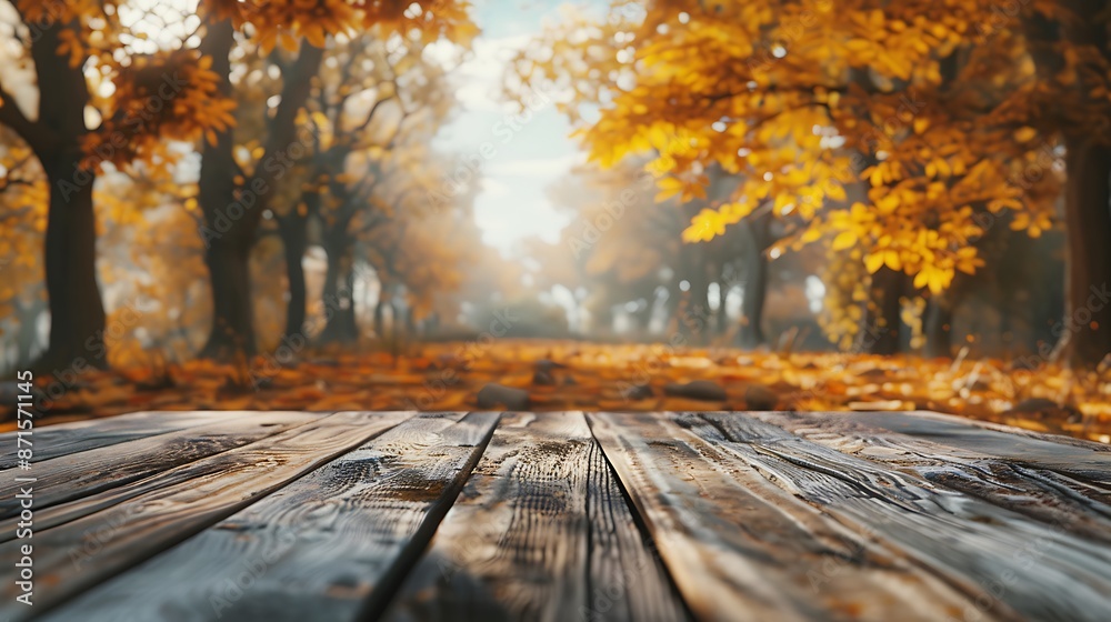 Wooden Bench in Autumn Forest with Leaves on Table. Wooden Bench in Autumn Forest with Leaves on Table.