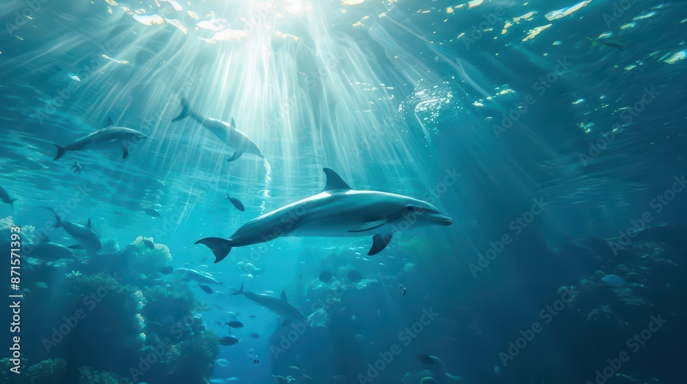 Obraz premium A hightech aquarium operated by dolphin caretakers with seaweed heads who communicate with marine life through spectral waves
