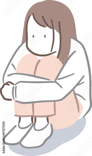 体育座りで落ち込んでいる若い女性のイラスト素材