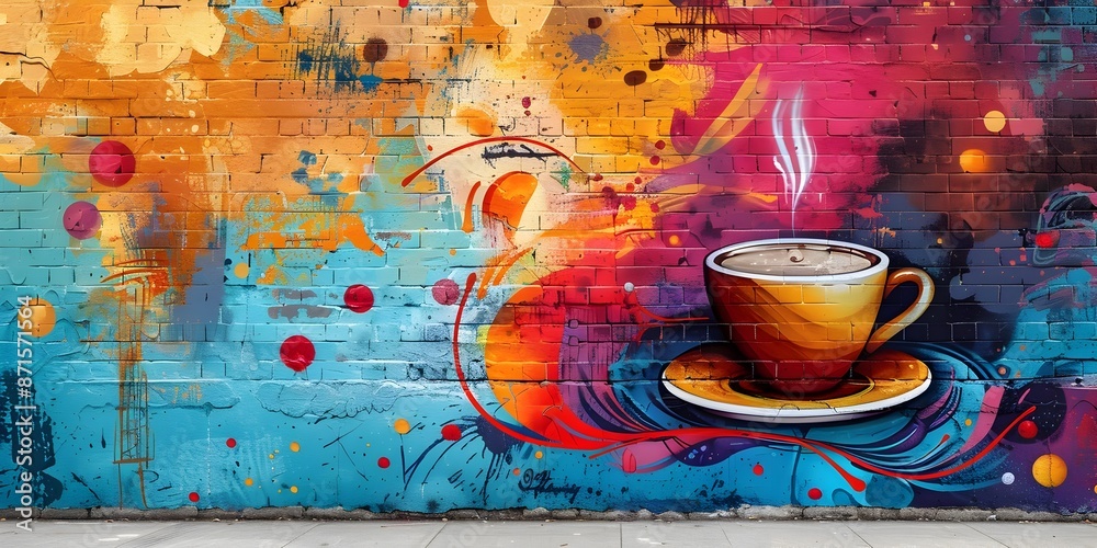 Obraz premium Vibrant Coffee Themed Graffiti Art Adorning an Urban Wall
