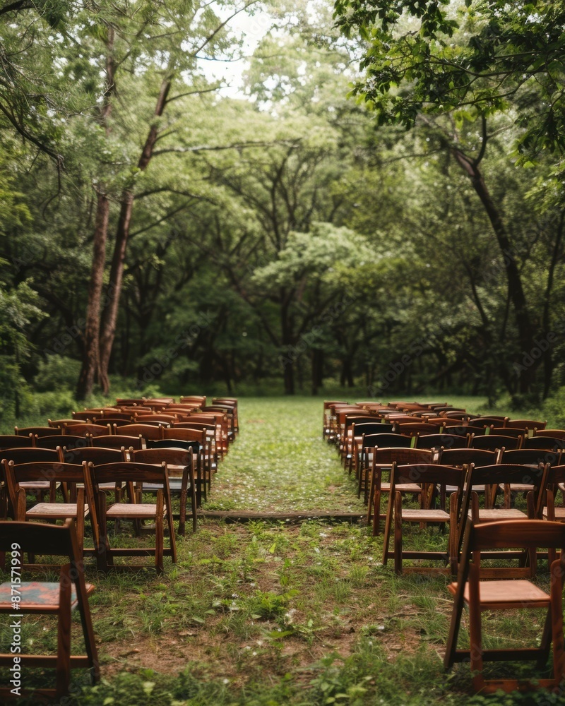 Rows of empty wooden chairs set up in a lush green forest. AI.