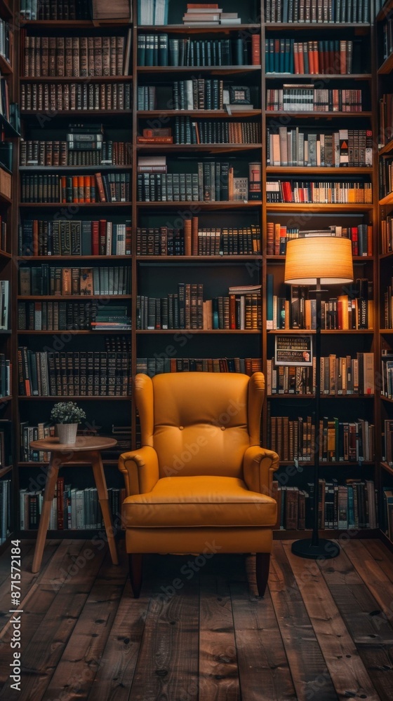 A leather armchair sits in a library surrounded by bookshelves. AI. A leather armchair sits in a library surrounded by bookshelves. AI.