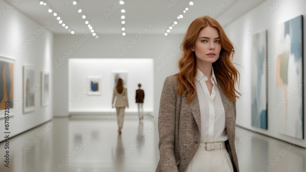Professional Redheaded Woman in Elegant Blazer and White Shirt in Modern Art Gallery Professional Redheaded Woman in Elegant Blazer and White Shirt in Modern Art Gallery