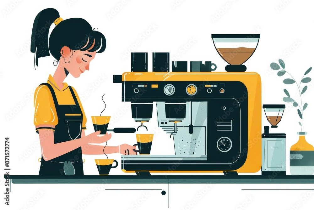 Vector illustration of a barista making coffee with modern brewing equipment and accessories Vector illustration of a barista making coffee with modern brewing equipment and accessories