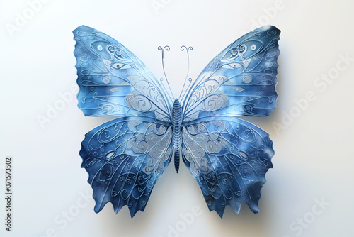 Beautiful blue butterfly with intricate wing patterns on a light background, showcasing delicate natural beauty and elegance.