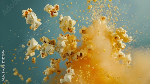 Exploding popcorn with a cheese coating, photographed in a close-up studio setting, with clear copy space on a plain background