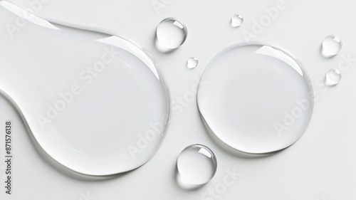 Close up drops of a clear liquid cosmetic product for skin. Gel texture with bubbles on white background. High-quality photography.