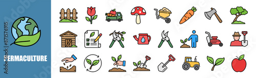 Permaculture  icon set for design elements,organic, farming, agriculture, food, vegetable