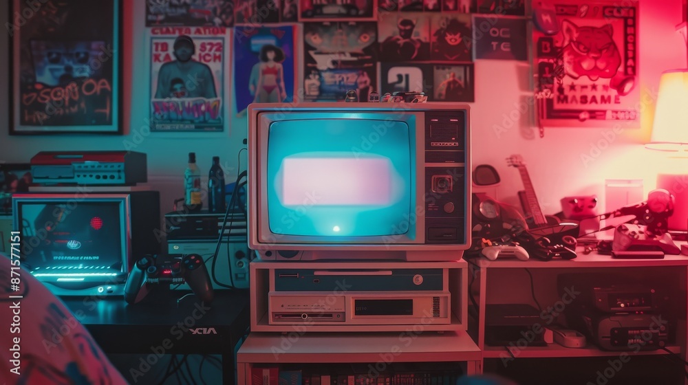 Retro Gaming Room with CRT TV, Gaming Consoles, and Neon Decor Retro Gaming Room with CRT TV, Gaming Consoles, and Neon Decor
