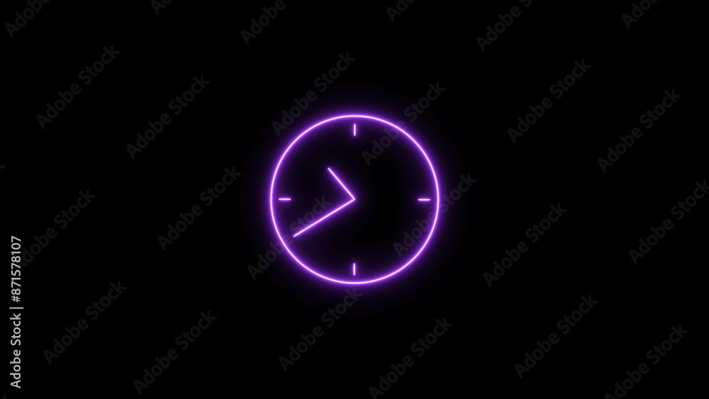 Neon clock icon purple color 4k illustration. on black background 24 hour fast digital clock. Neon clock icon purple color 4k illustration. on black background 24 hour fast digital clock.