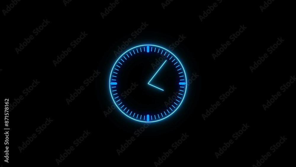 Neon clock icon royal blue color 4k illustration. on black background 24 hour fast digital clock. Neon clock icon royal blue color 4k illustration. on black background 24 hour fast digital clock.